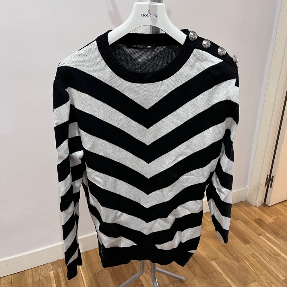 Balmain Black and White Chevron Crewneck Sweater